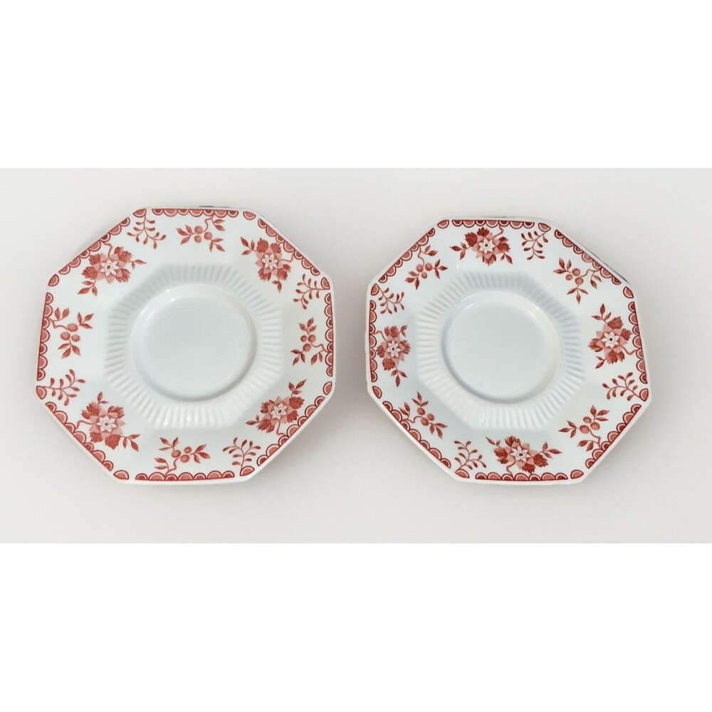2 Vintage Independence Ironstone Mary Jane Red Floral Octagon Saucers 6" Japan